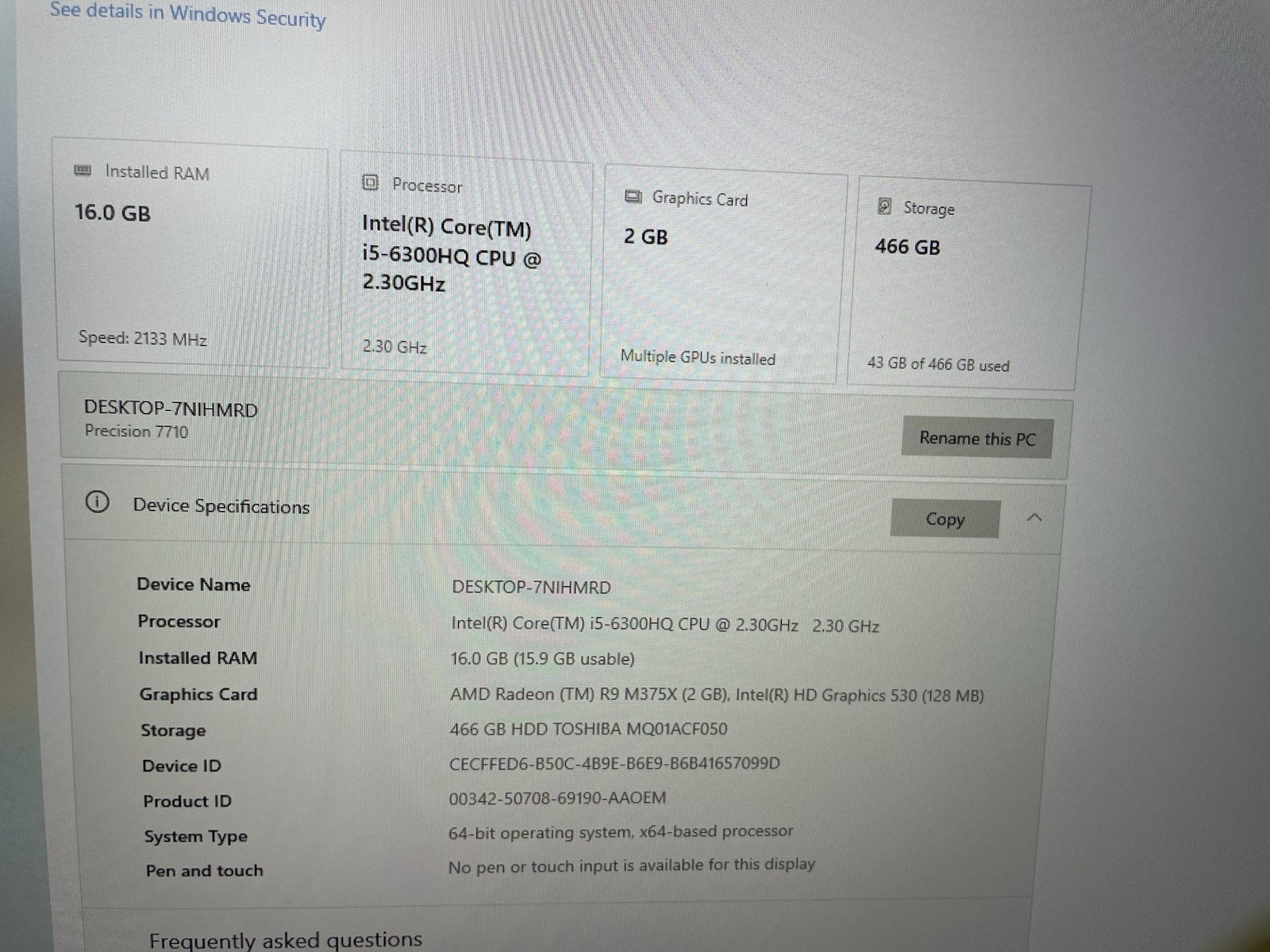 Dell Precision 7510 15.6 Inch 256GB, Intel Core i5 6th Gen., 16GB)