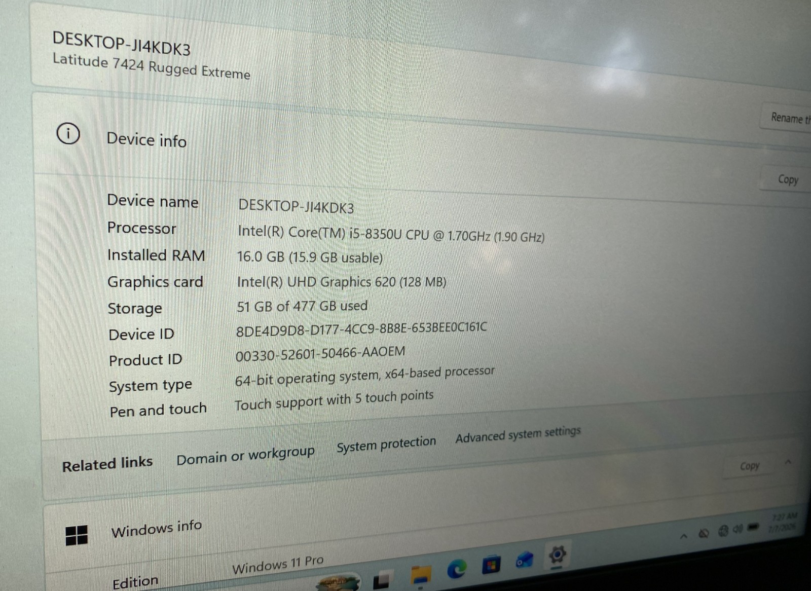 Dell Latitude 7424 Rugged Extreme Touch i5-8350U 16GB RAM 500GB NVME SSD Win 11