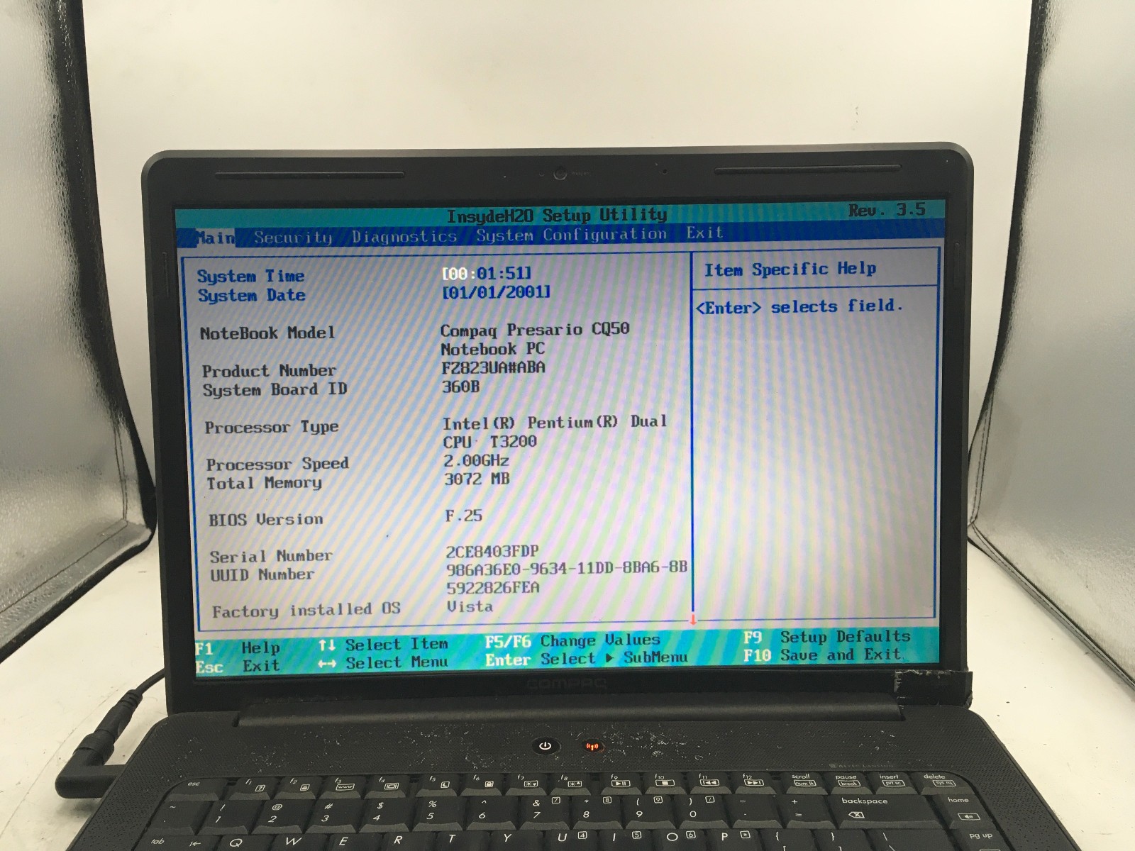 HP COMPAQ PRESARIO CQ50 – BOOTS TO BIOS – INTEL PENTIUM T3200 – 3GB RAM -READ-BB