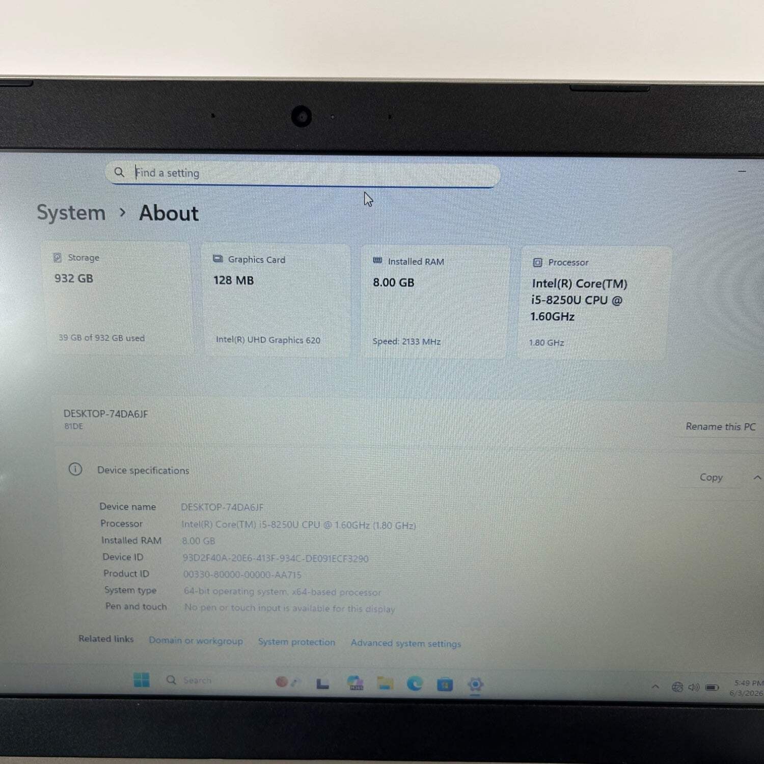 Broken Lenovo Ideapad 330 15IKB3 15.6″ i5-8250U 1.6GHz 8GB RAM 1TB HDD Read