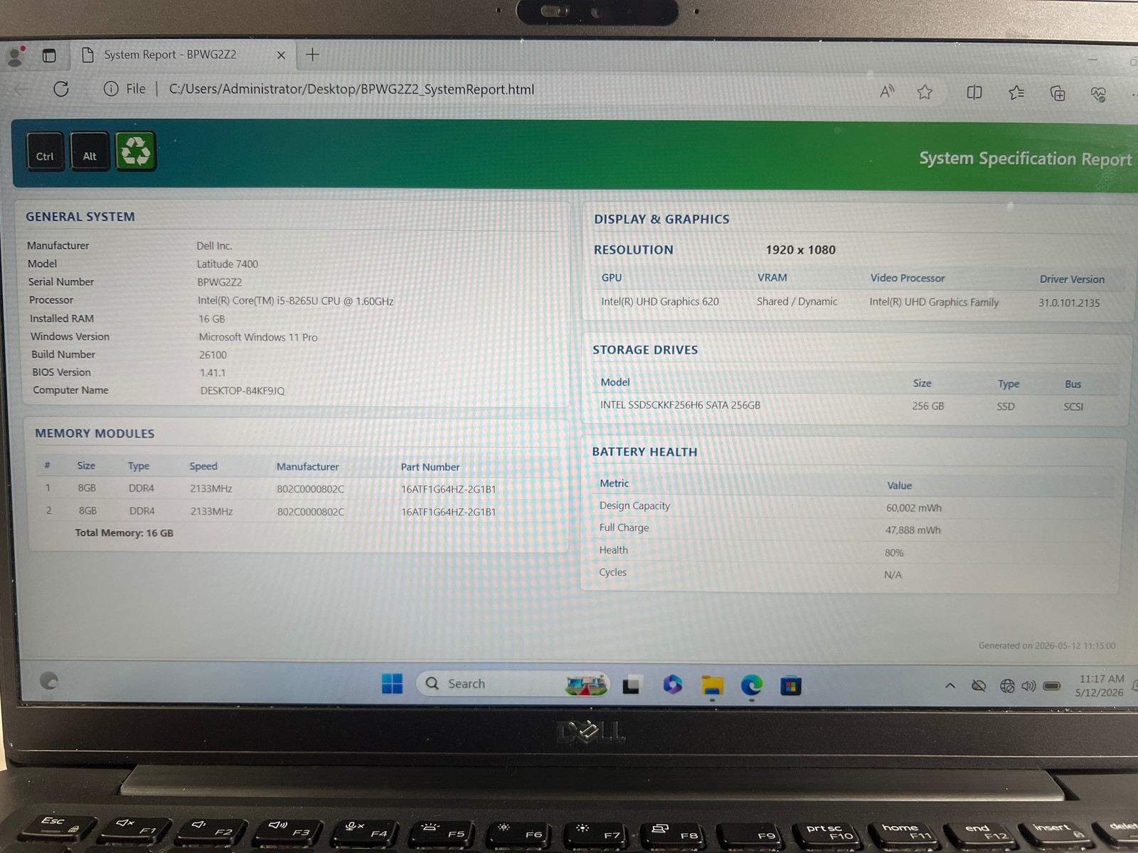 Dell Latitude 7400 Intel Core i5-8265U 16 GB 256GB SSD 14″