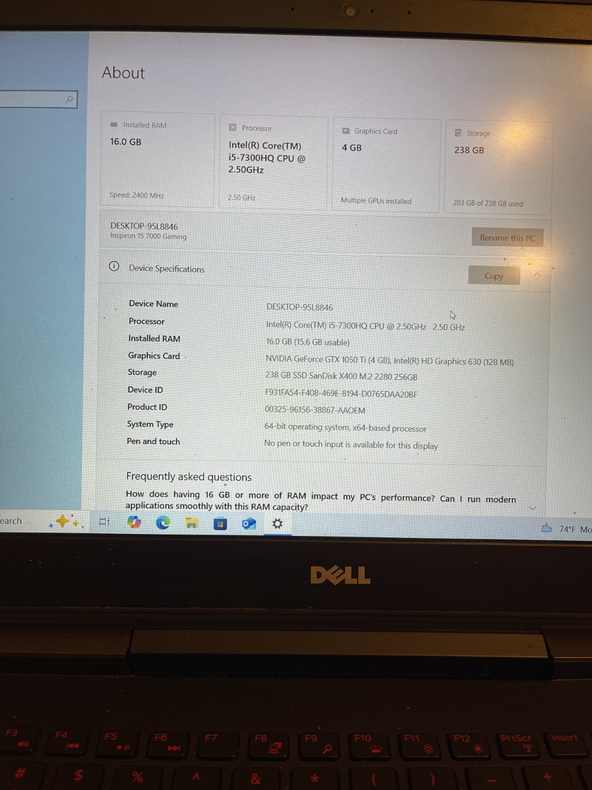 Dell Inspiron 15 7000 Gaming Laptop i5-7300HQ, GTX 1050 ti, 16GB Ram, 256GB SSD