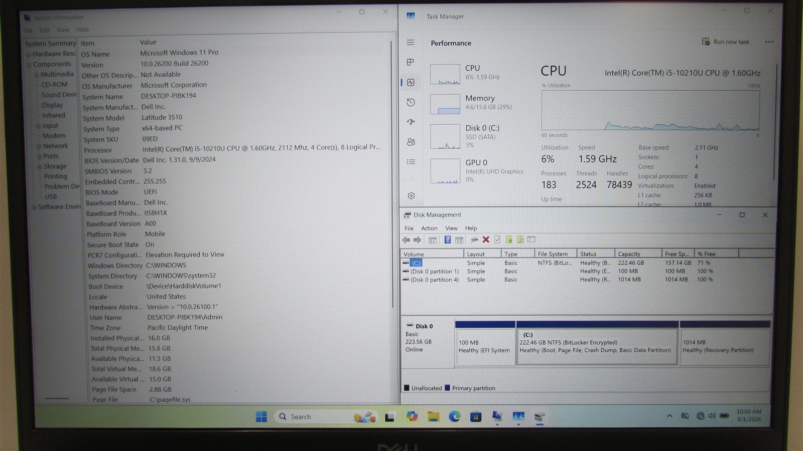 Dell Latitude 3510 i5-10210U 1.6GHz 16GB RAM 240GB SSD 15.6″ W11P Touch COSM DMG