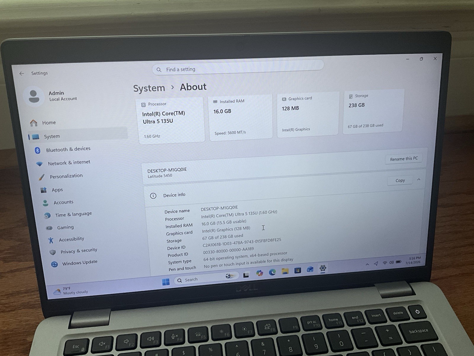 Dell Latitude 5450 Ultra 5 135U 1.6GHz 16GB DDR5 256GB SSD WIN11PRO 14″ Laptop