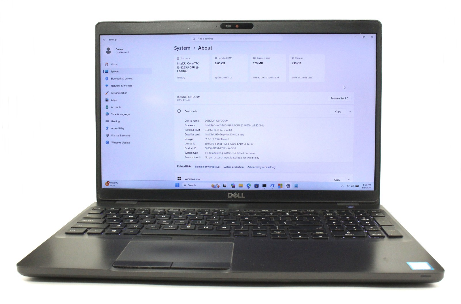 DELL LATITUDE 5500 15.6″ 1.6GHz i5-8265U 256GB SSD 8GB RAM Win 11 Pro ; 6181929