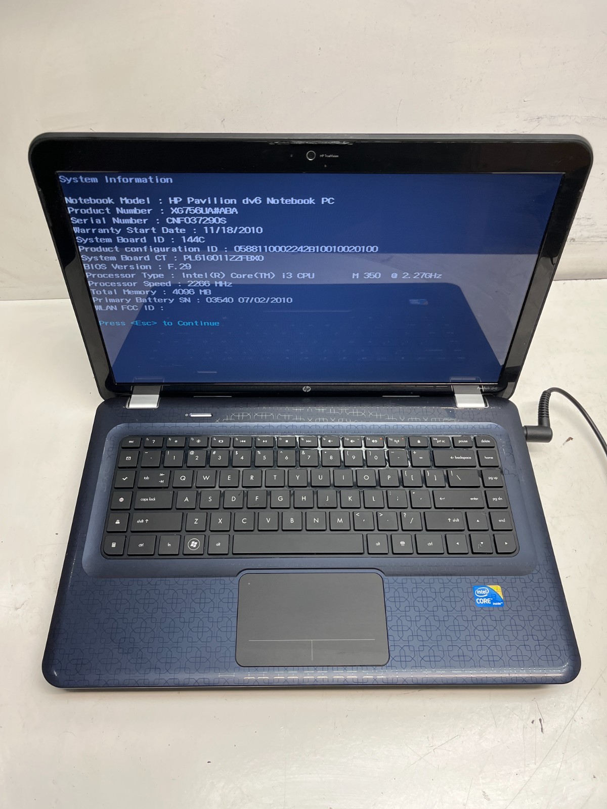 HP Pavilion dv6-3127dx Intel Core i3 M350 2.27GHz 4GB NO HDD