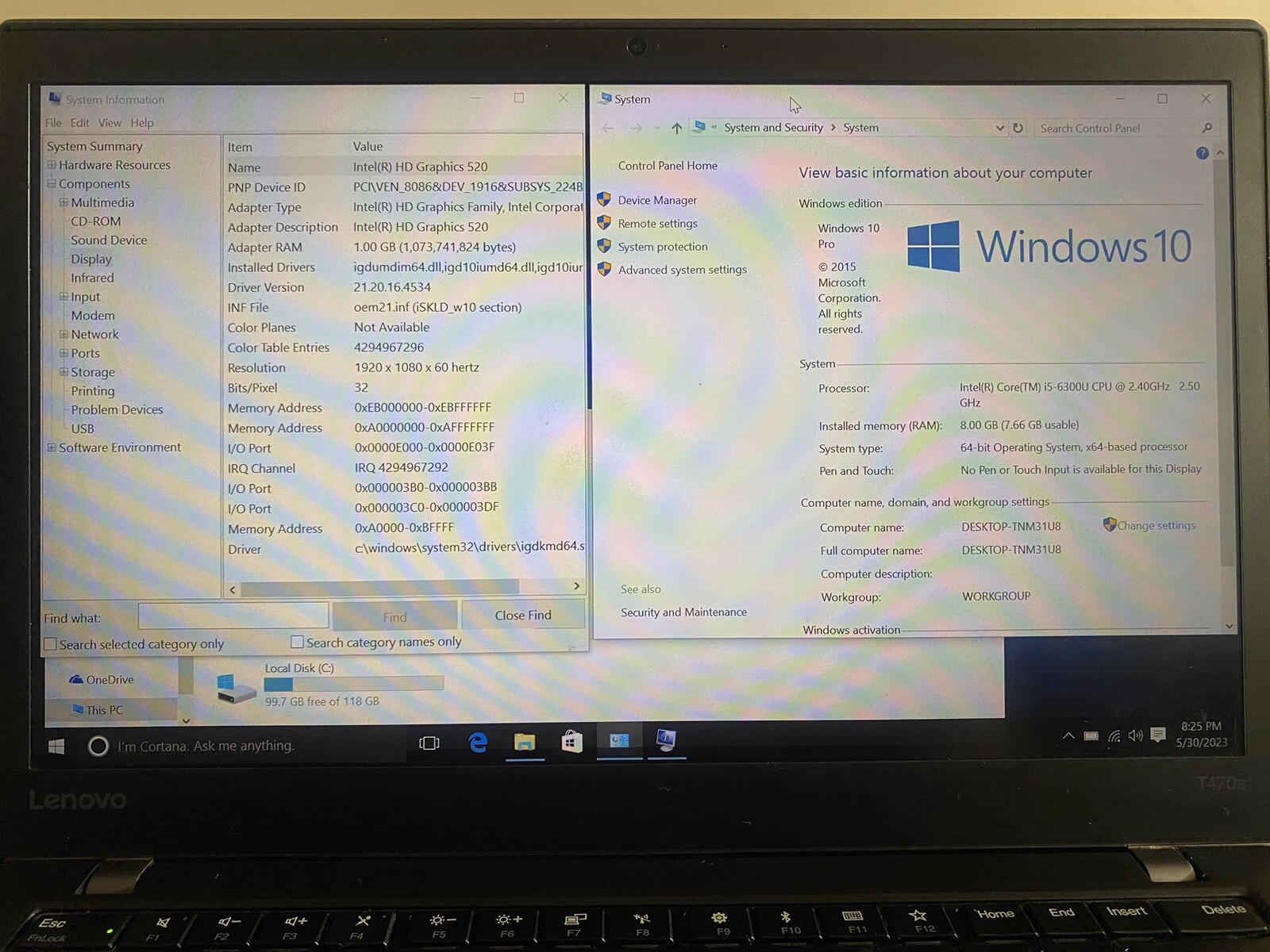 Lenovo ThinkPad T470s Laptop Intel i5-6300U @2.4GHz 8GB RAM 128GB SSD Win 10 Pro