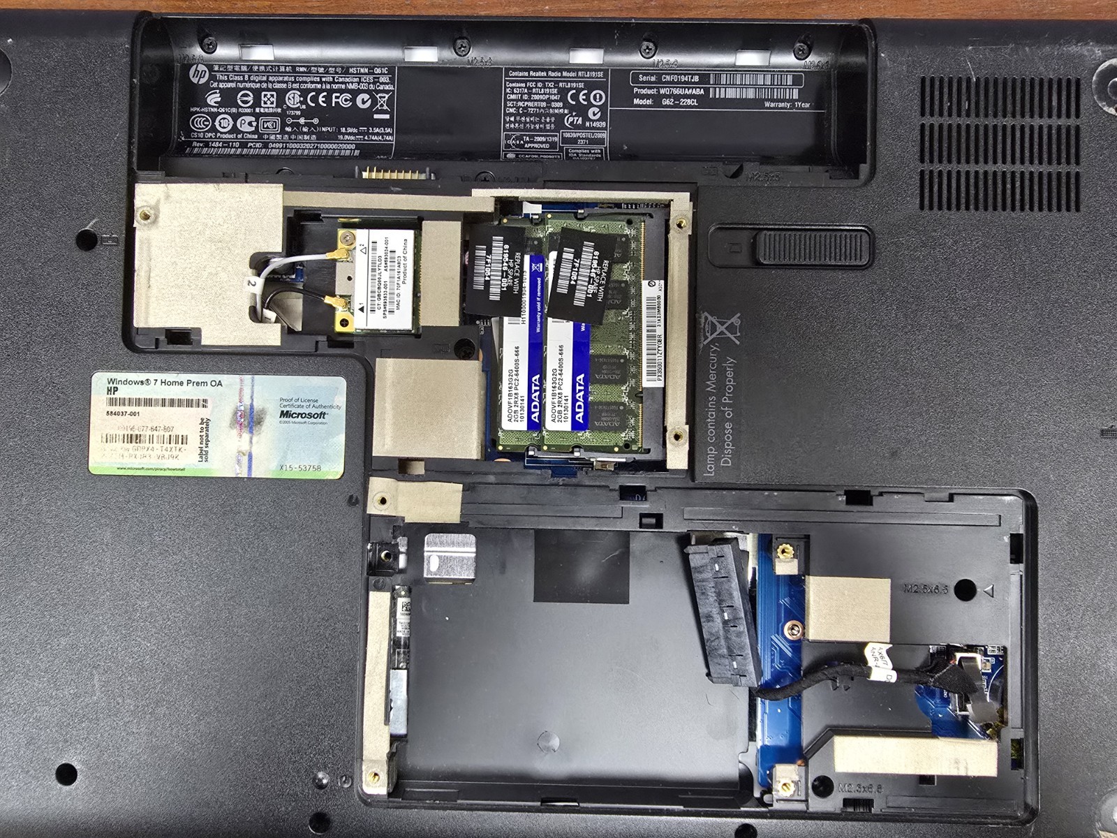 HP Pavilion G62-228CL laptop 4GB RAM – NO HARD DRIVE/CMOS BAT DEAD PARTS ONLY