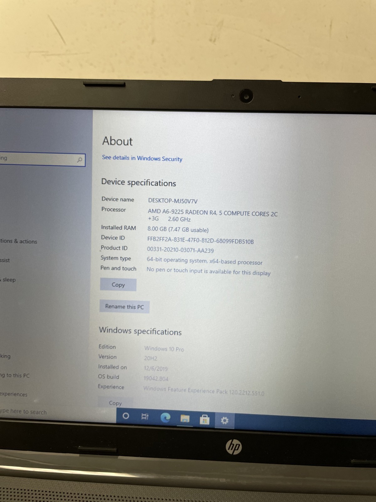 HP 255 G7 15.6 AMD AMD A6-9225 @2.60GHz 8GB RAM 256GB SSD Win10Pro*READ