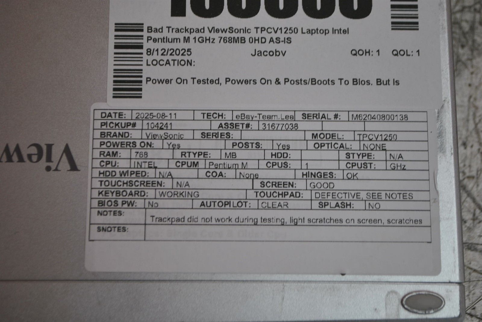 Bad Trackpad ViewSonic TPCV1250 Laptop Intel Pentium M 1GHz 768MB 0HD AS-IS