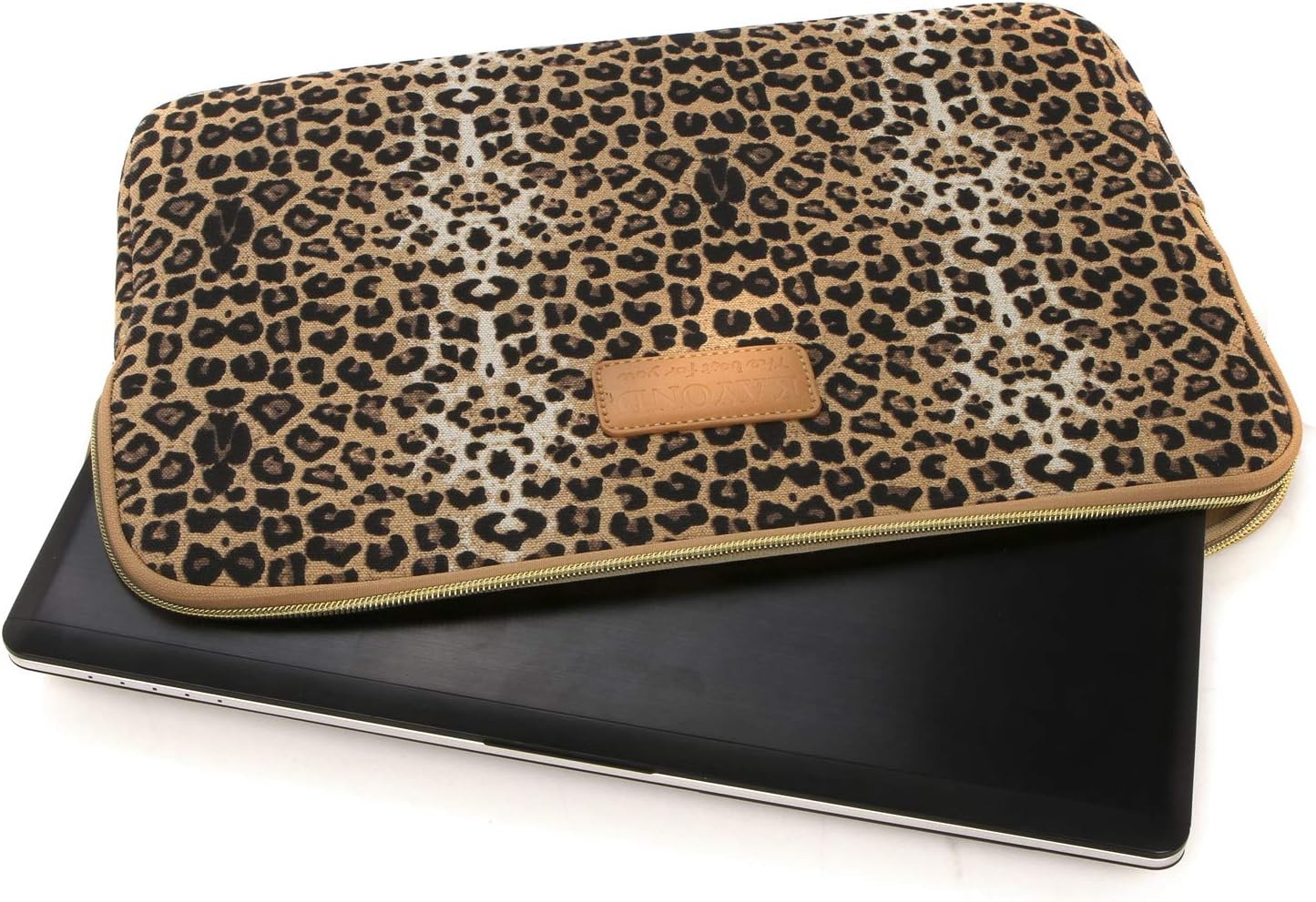 15.6 Inch Laptops Sleeve – KY-03 Canvas Fabric Brown Leopard Print Design
