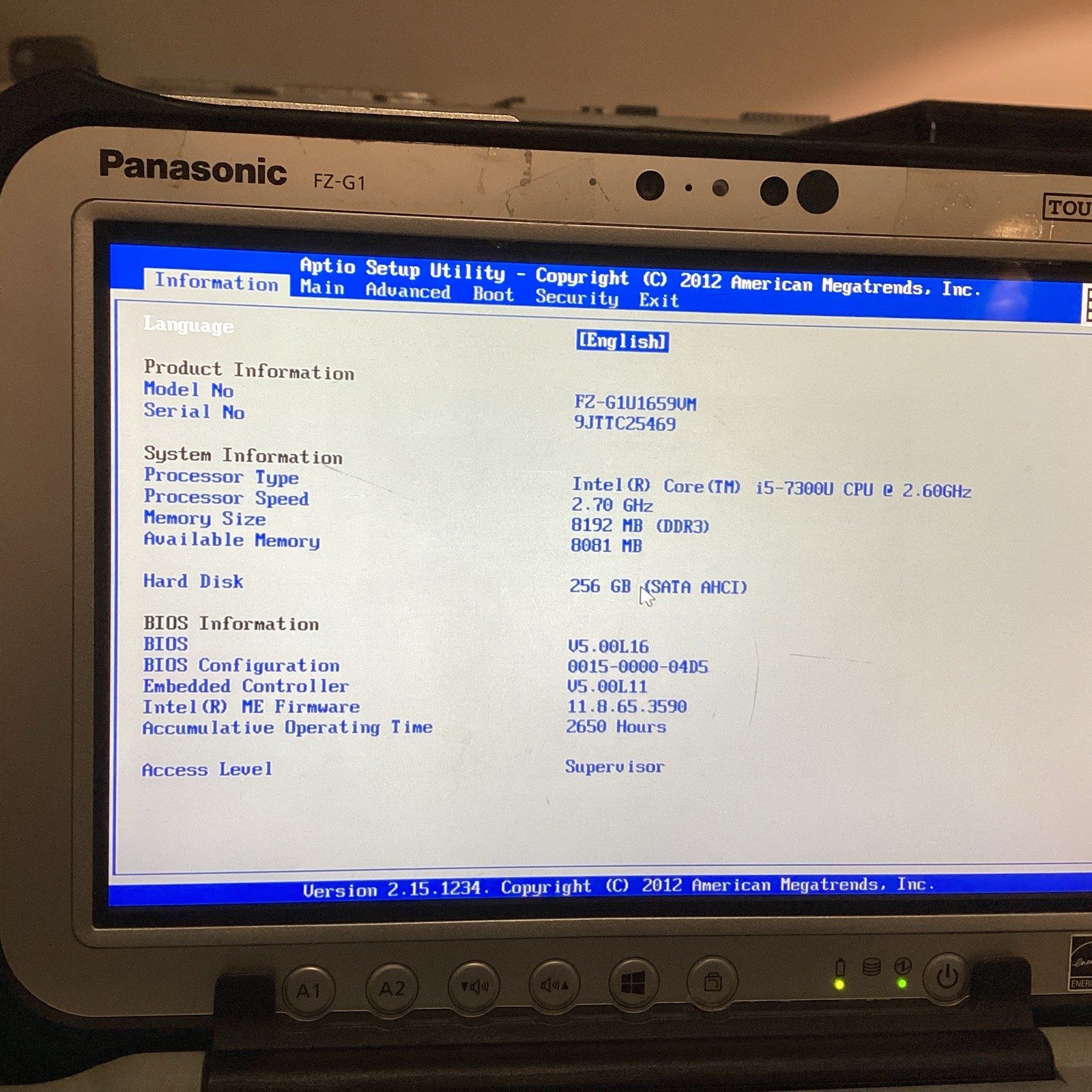 Panasonic Toughpad FZ-G1 MK5 i5 7300U@2.60GHz 8G Ram 256GB SSD W/Keyboard No OS