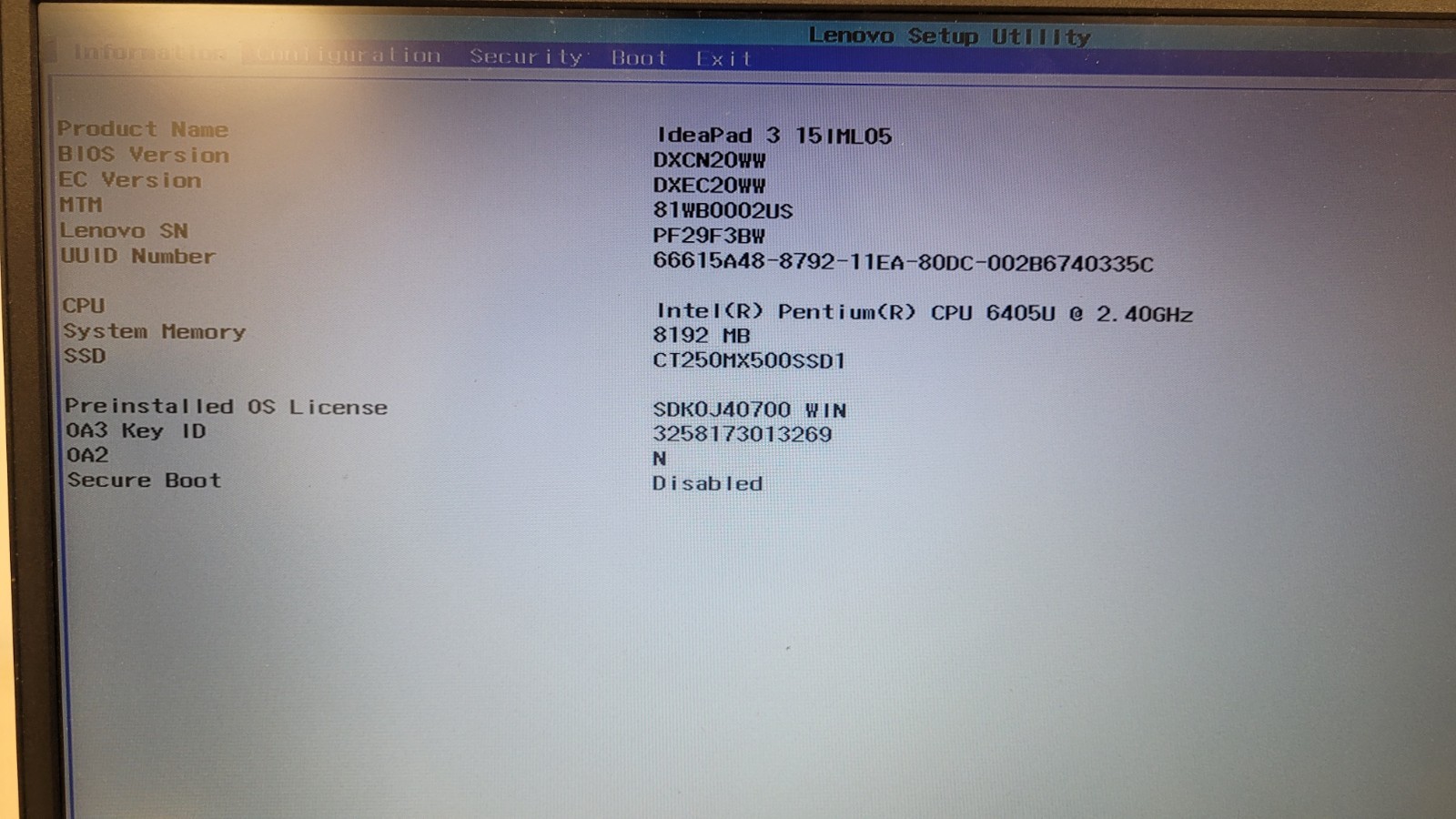 Lenovo IdeaPad 3 15IML05 15.6″ pentium 6405u 2.4ghz 8gb ram 250gb ssd PF29F3BW
