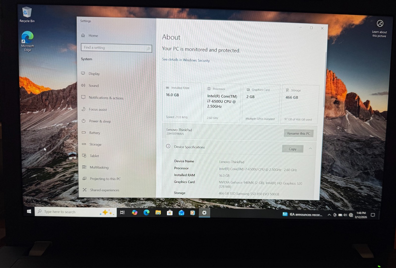 Lenovo ThinkPad E570 15.6″ i7-6500U 16GB RAM 500GB EVO SSD 940MX 2GB Win 10 Pro