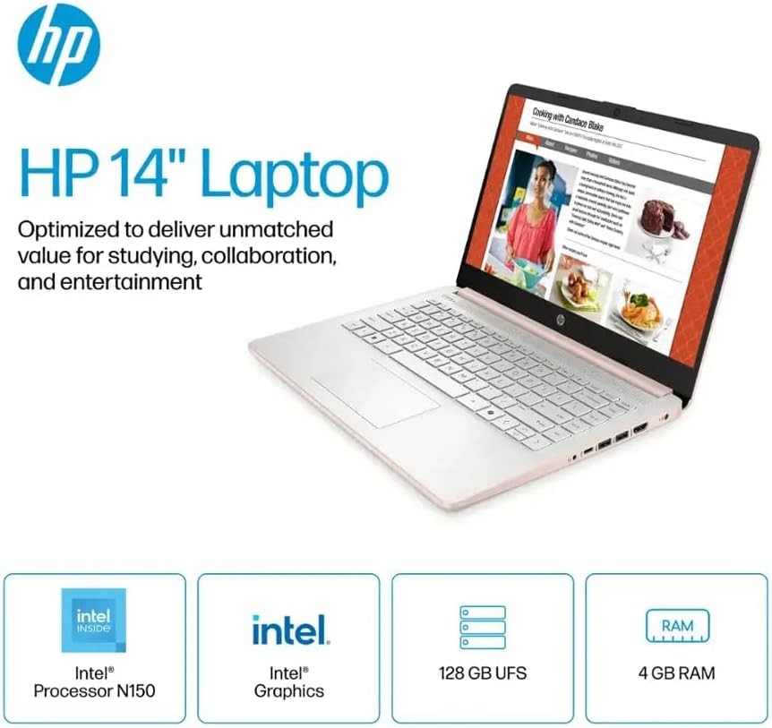 HP Student Laptop 14″ HD (1366 x 768) 4 core Intel N150 128eMMC UP TO 16GB RAM