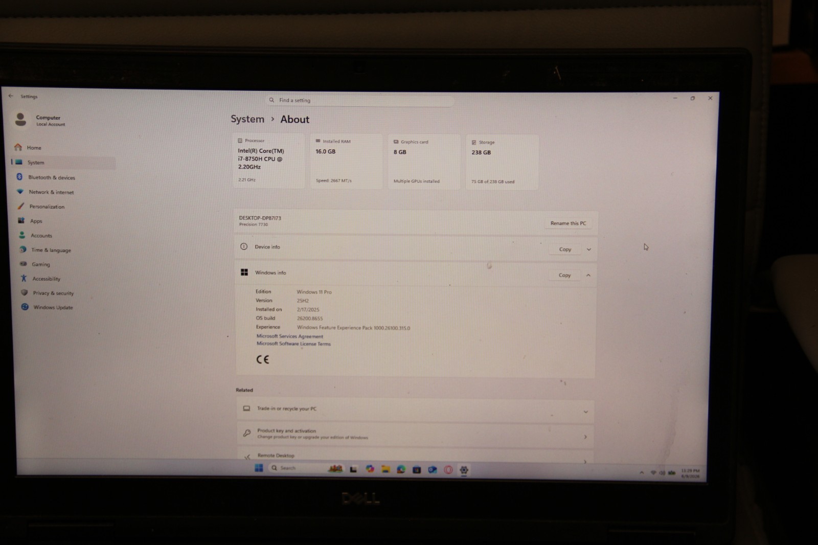 Dell Precision 7730 Laptop i7-8750H 256GB M.2 SSD 16GB RAM Quadro P4200 WIN 11