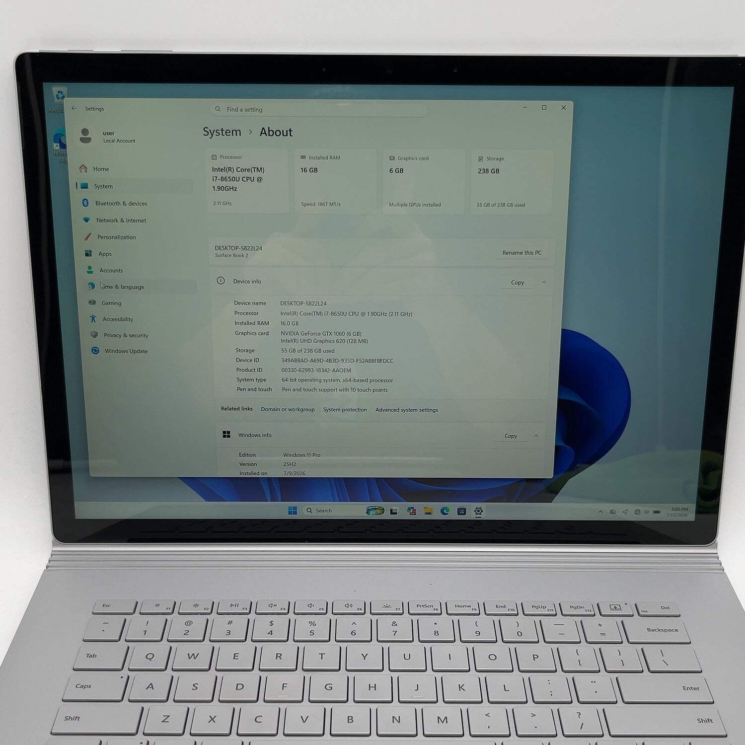 Microsoft Surface Book 2 1793 15″ i7-8650U 1.9GHz 16GB 256GB GeForce GTX 1060