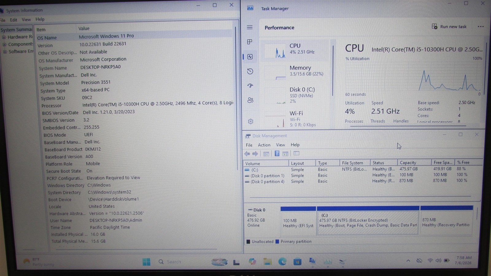 Dell Precision 3551 i5-10300H 2.5GHz 16GB RAM 512GB NVME 15.6″ W11 Pro COSM DMG