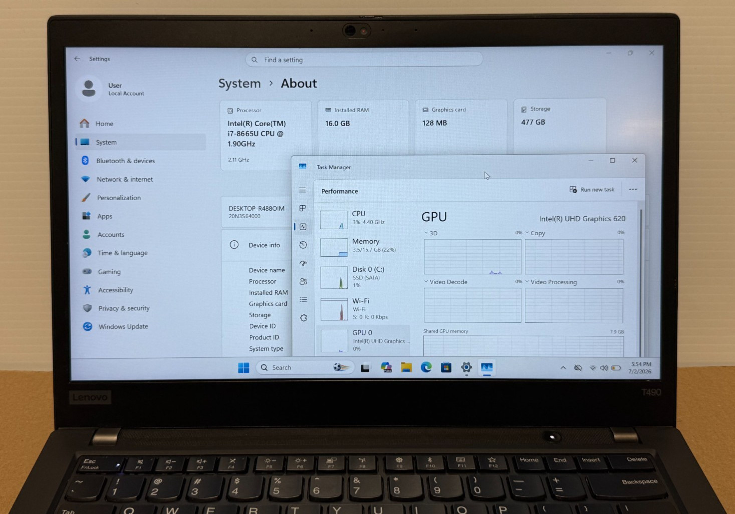 Lenovo Thinkpad T490 i7-8665U 1.90Ghz 16GB 512SSD W11P