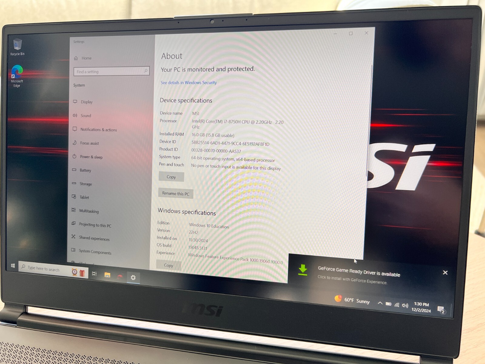 MSI GS65 Stealth Thin 8RF | 15.6″ 144Hz 7ms | i7-8750H | 16GB Memory | GTX 1070