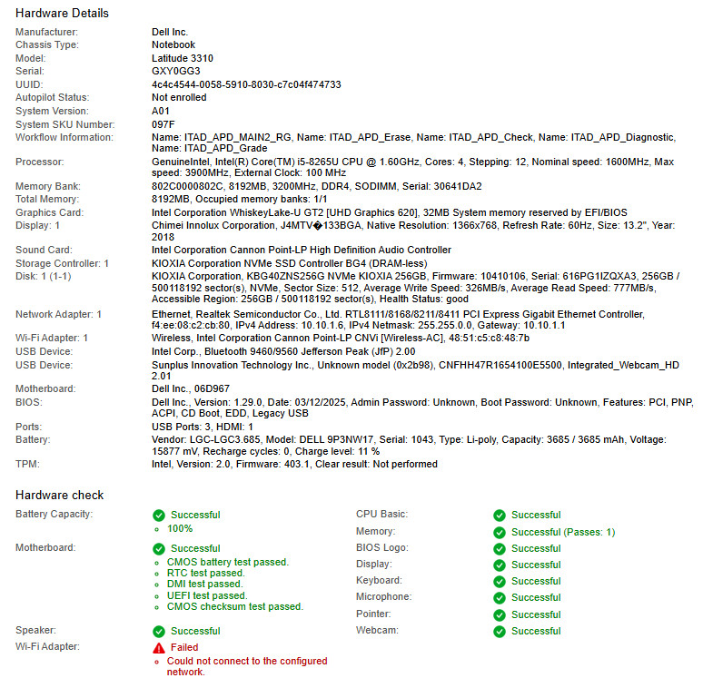 Dell Latitude 3310, i5-8265U CPU, @ 1.60GHz, 8GB RAM, 256GB NVMe-No OS/Adapter