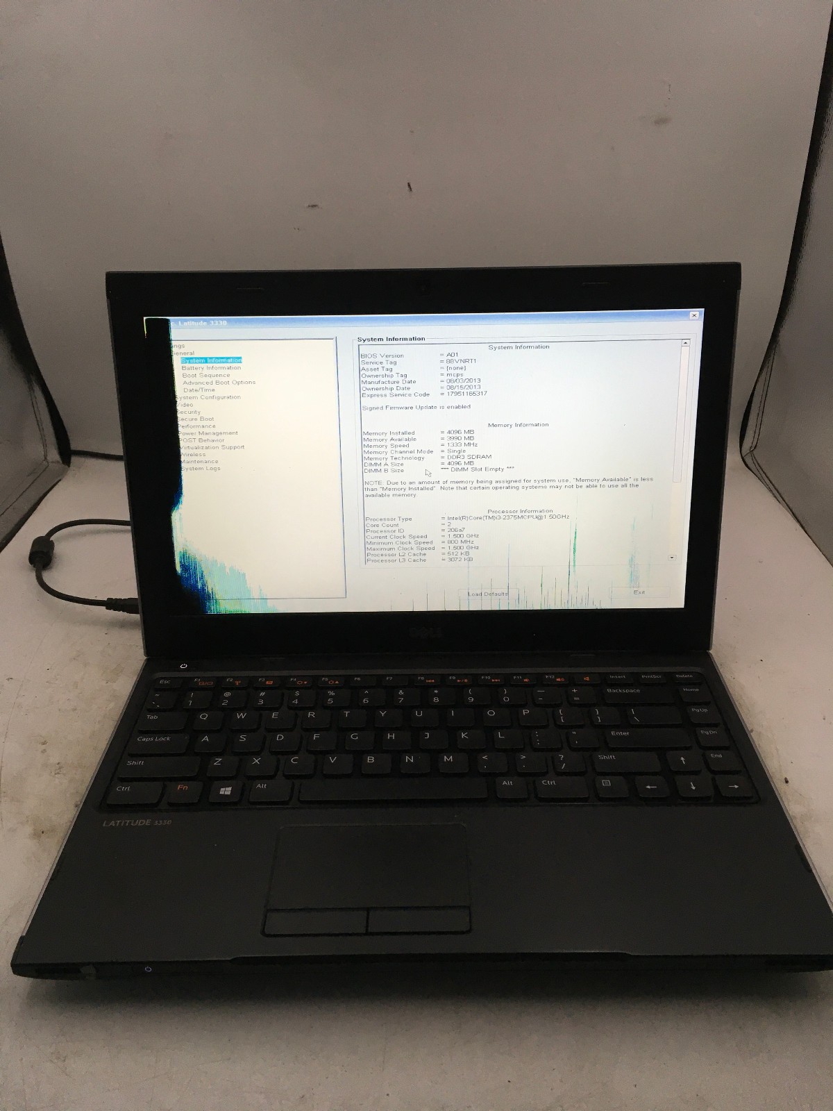 DELL LATITUDE 3330 – BOOTS TO BIOS/BAD LCD – INTEL I3 2375M – NO RAM -READ- BB