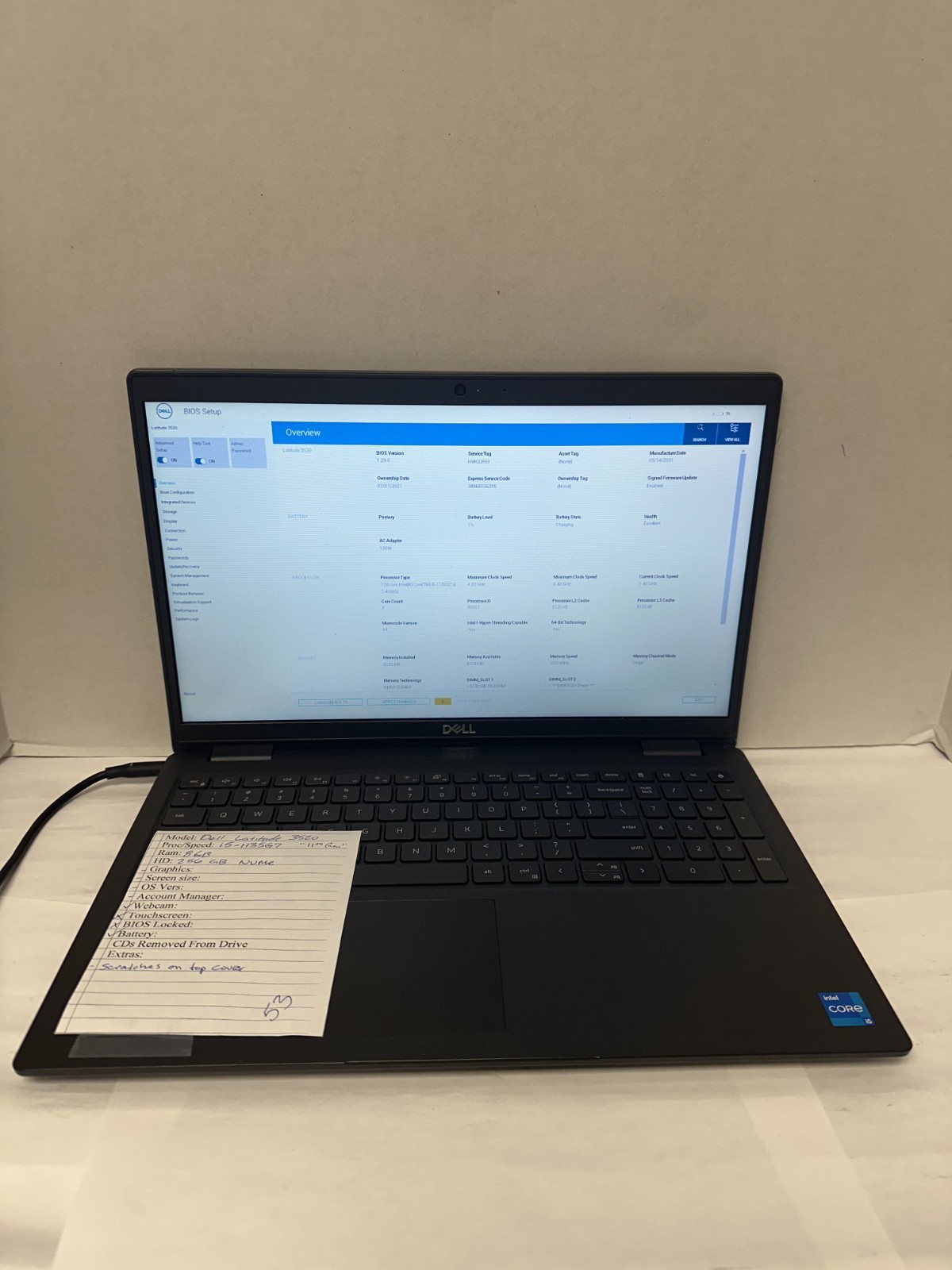 Dell Latitude 3520 i5-11th Gen/8GB RAM 256GB NVME (No OS or Charger) Read Desc.