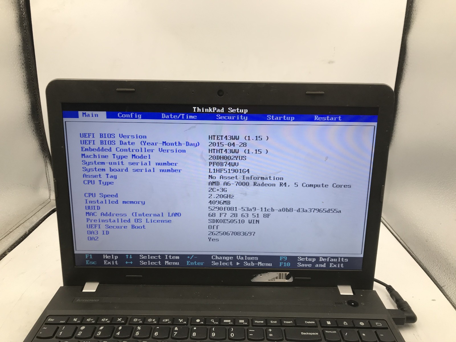 LENOVO THINKPAD E555 – BOOTS TO BIOS – AMD A6 7000 – NO RAM – READ DESCRIP – BB!