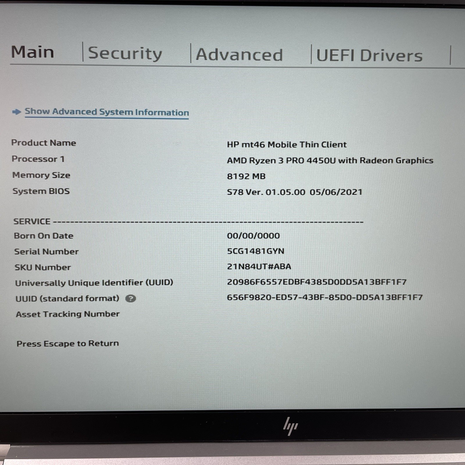 HP MT46 14″ AMD Ryzen 3 Pro 4450U 2.50 GHz 8 GB RAM No SSD/OS/AC – BIOS