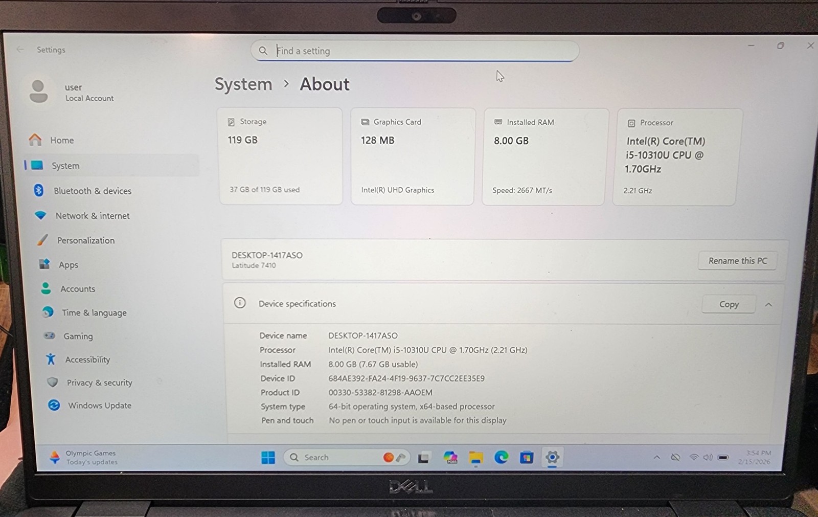 Dell Latitude 7410 14″ FHD i5-10310U CPU 8GB 120GB SSD Thunderbolt 3 Win11Pro