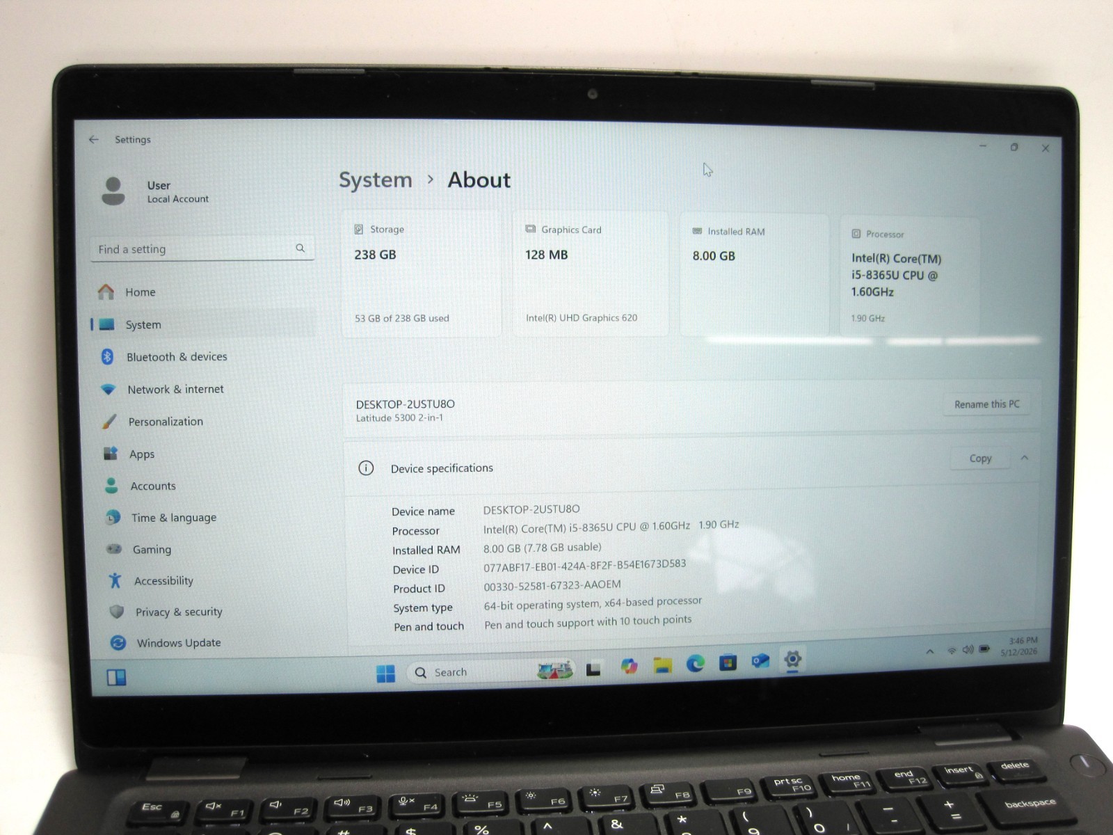 Dell Latitude 5300 Intel i5‑8365U, 8GB RAM, 256GB SSD, Windows 11 Pro