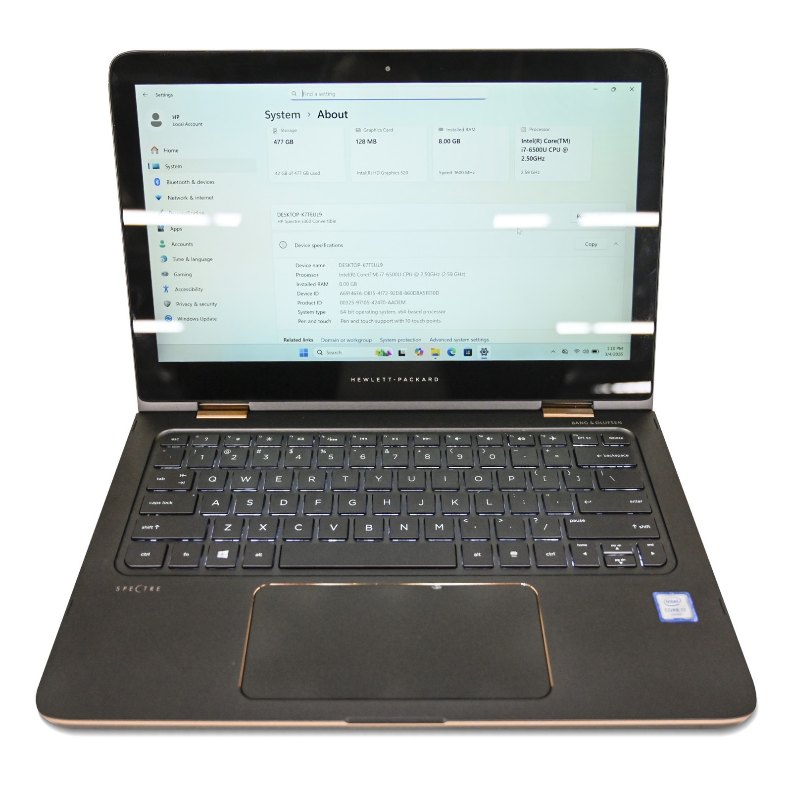 HP Spectre 4195DX core i7-6500U 8GB RAM 512GB SSD Backlit KB Touchscreen Win 11.