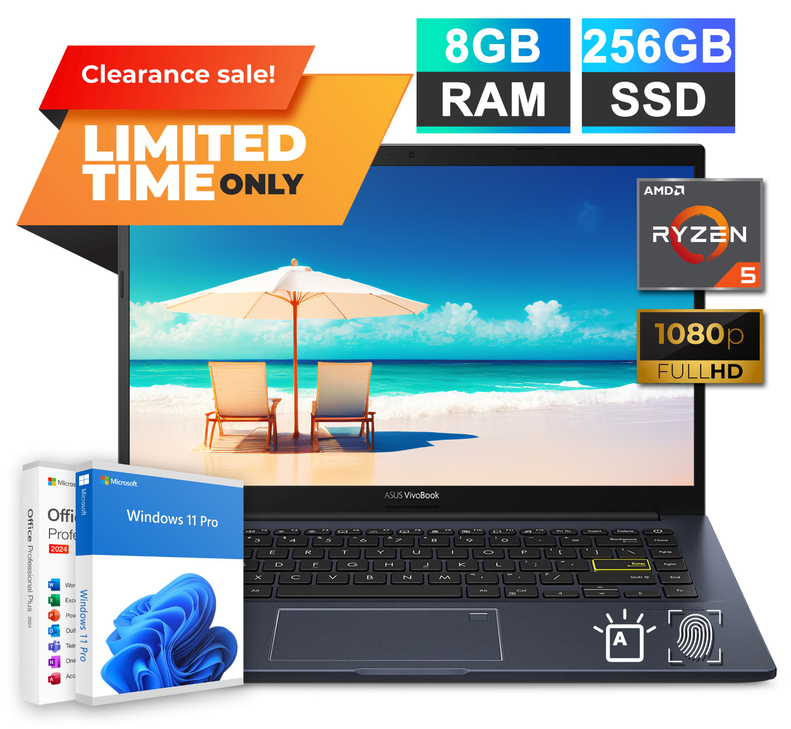 ASUS VivoBook Laptop 14″ Office 2024 AMD Ryzen 5 8GB RAM & 256GB SSD Backlit Pro