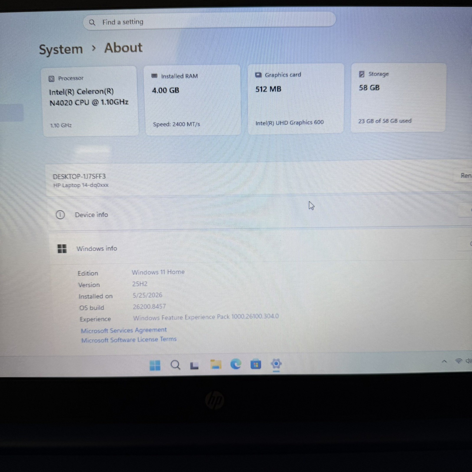 HP Laptop 14″ Intel Celeron N4020 Dual Core 4GB RAM 64GB eMMC W11) Blue
