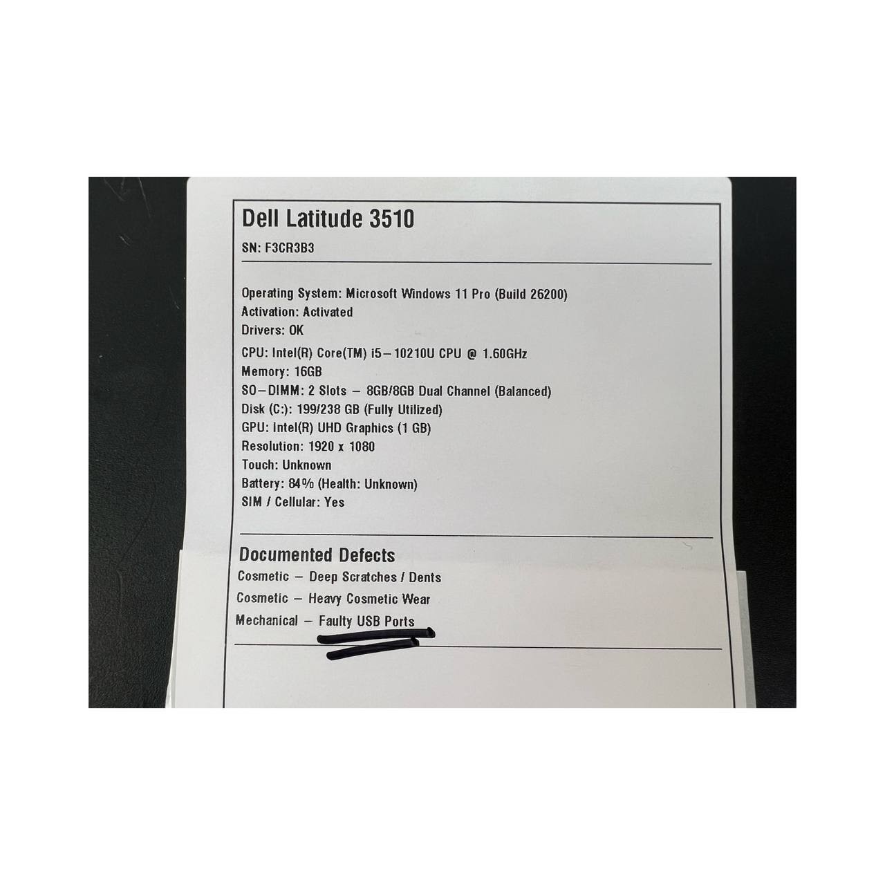 Dell Latitude 3510 15.6″ i5-10210U 16GB DDR4 240GB M.2 Win11P w/Charger -Scuffed