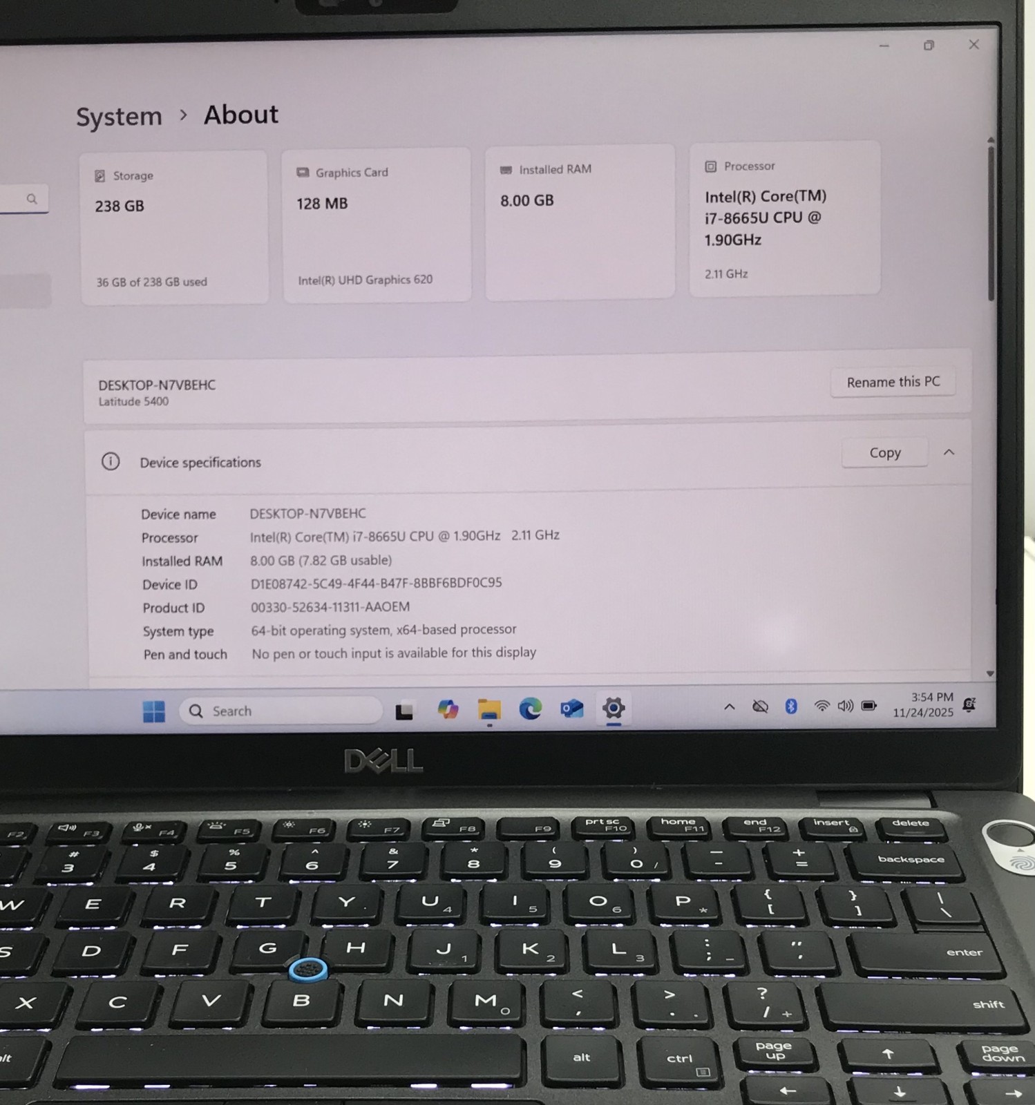 DELL LATITUDE 5400 i7-8665U@1.90GHz 8GB RAM 256GB NVMe W11P *READ