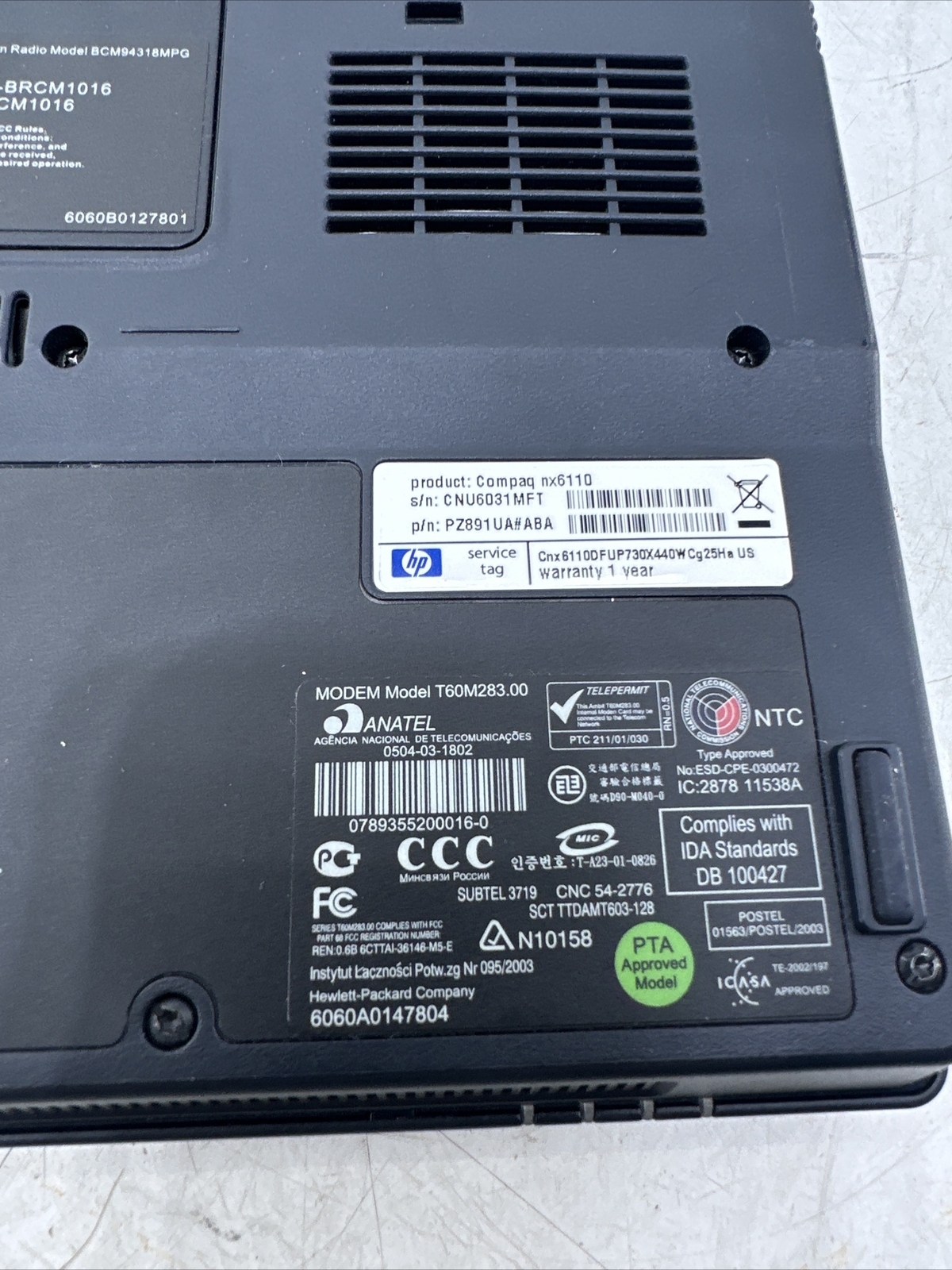 HP Compaq nx6110 15” Notebook (Intel Celeron M 1.60GHz 512Mb Ram NO HDD