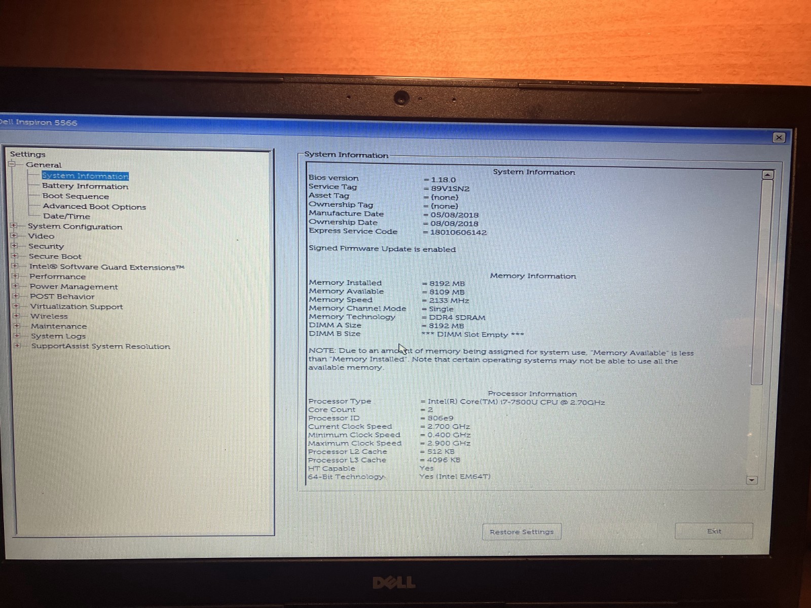 Dell Inspiron 5566 Intel Core i7-7500U 2.7GHz NO HDD, RAM, OS, PARTS ONLY
