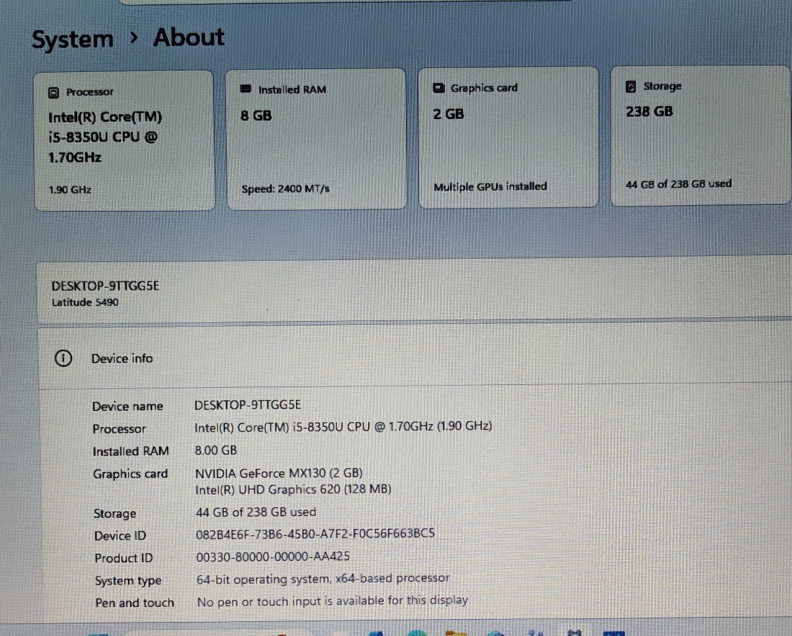 Dell 14″ Latitude 5490 FHD Laptop i5-8350U 8GB 256GB SSD W11 Pro NVIDIA GeForce