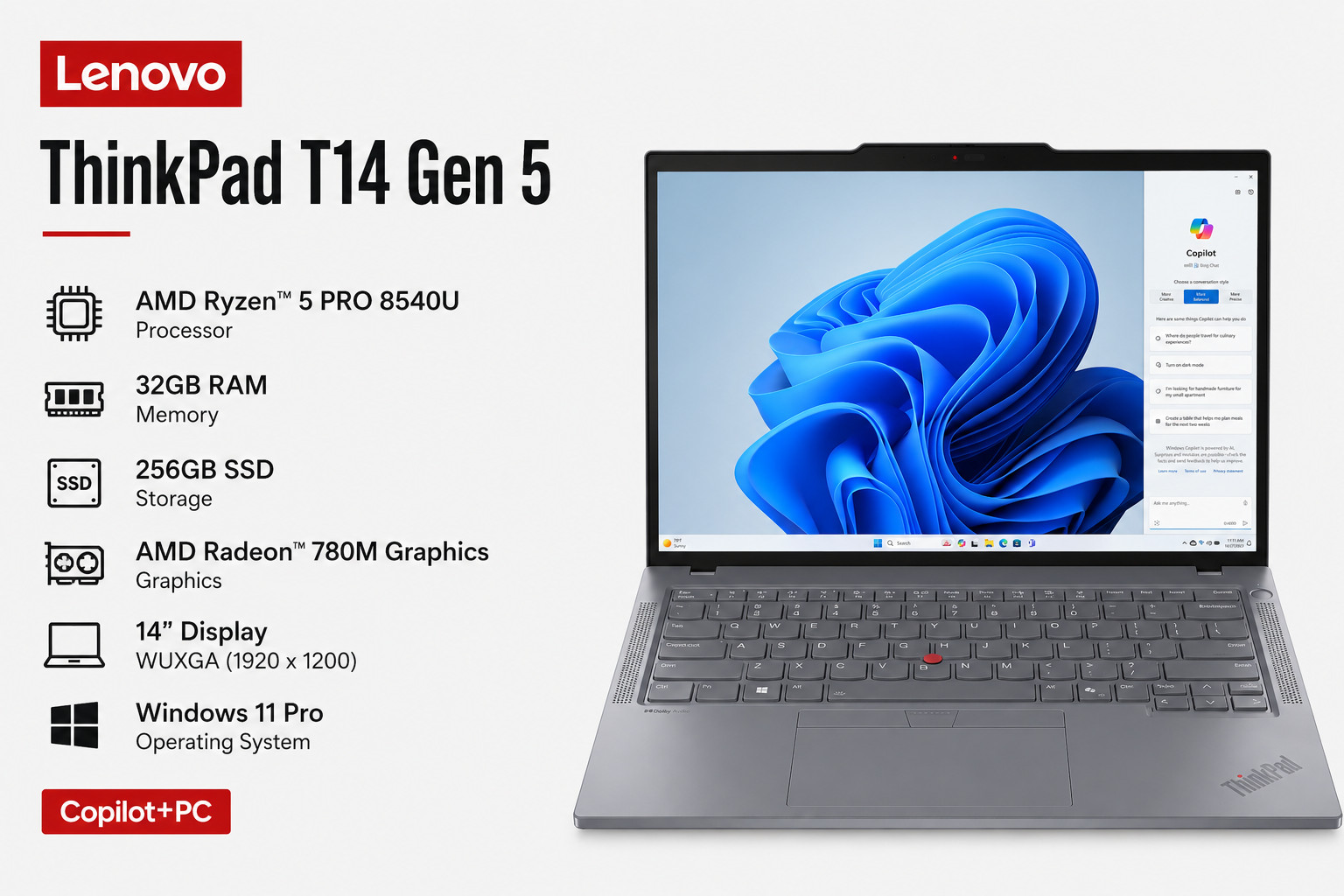 Lenovo ThinkPad T14 Gen 5 / 14” Copilot+PC / AMD Ryzen 5 PRO 8540U/32GB /256 GB