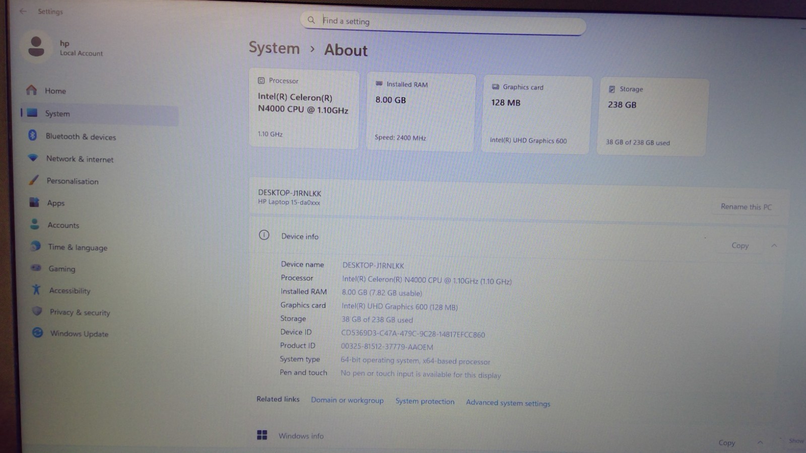 HP 15-DA0XXX LAPTOP INTEL(R) CELERON(R) N4000 8GB 240GB SSD – FAULTY KEYBORD