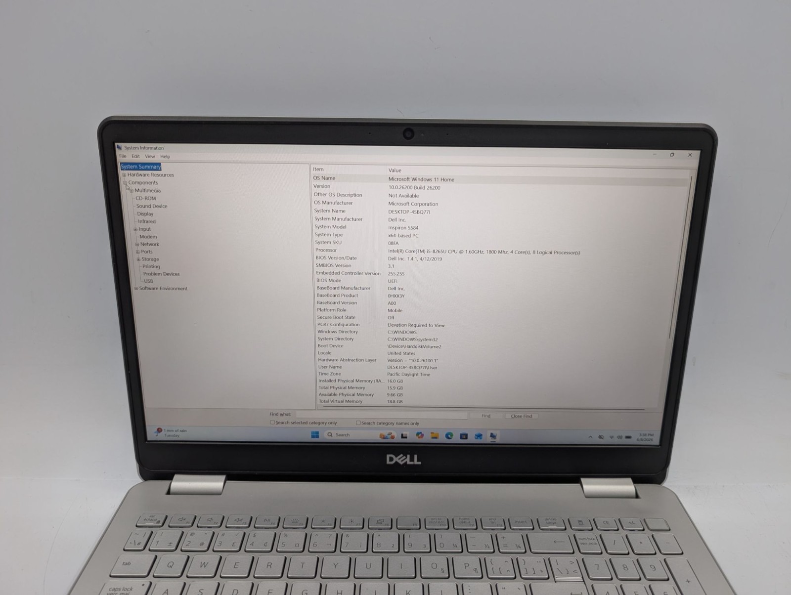 Dell Inspiron 5584 15.6″ Laptop i5-8265U 16GB RAM 256GB SSD Win11 Home
