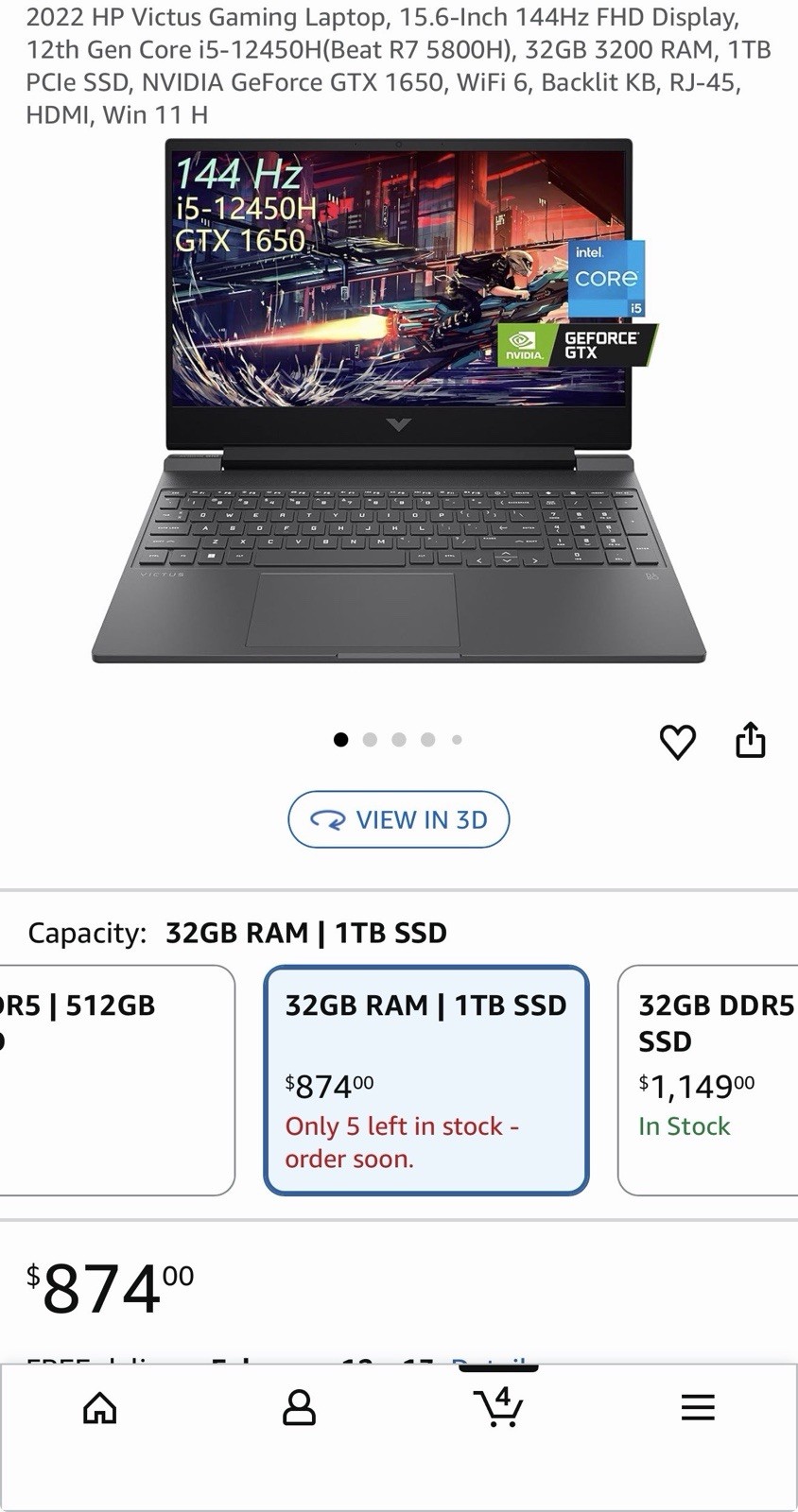HP Victus 15-fa1093dx Gaming Laptop 15.6″ 144Hz i5-12450H 32GB 1TB SSD GTX 1650