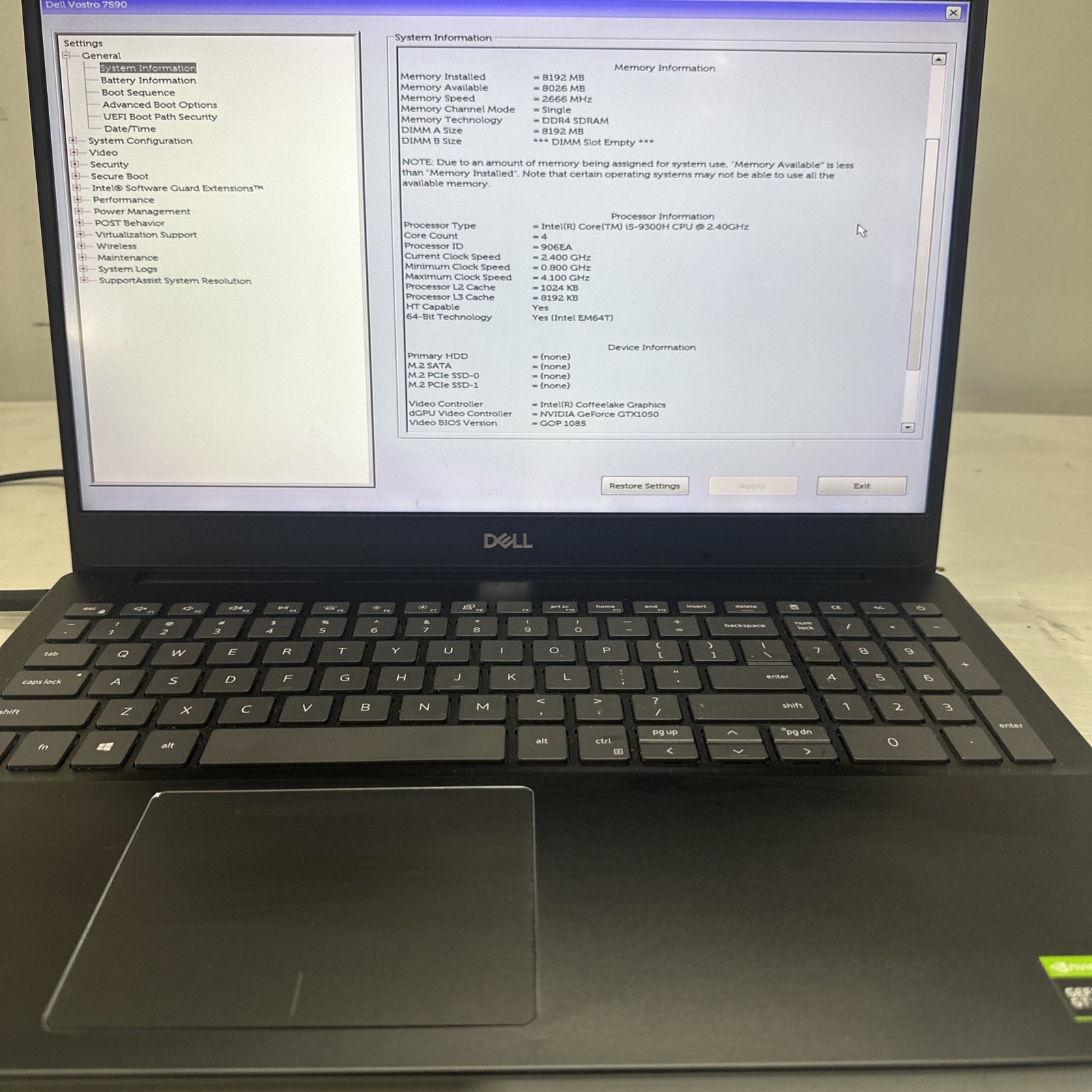 Dell Vostro 7590 I5 9300H 2.40GHz, 8GB RAM, GTX 1050, No SSD/Battery
