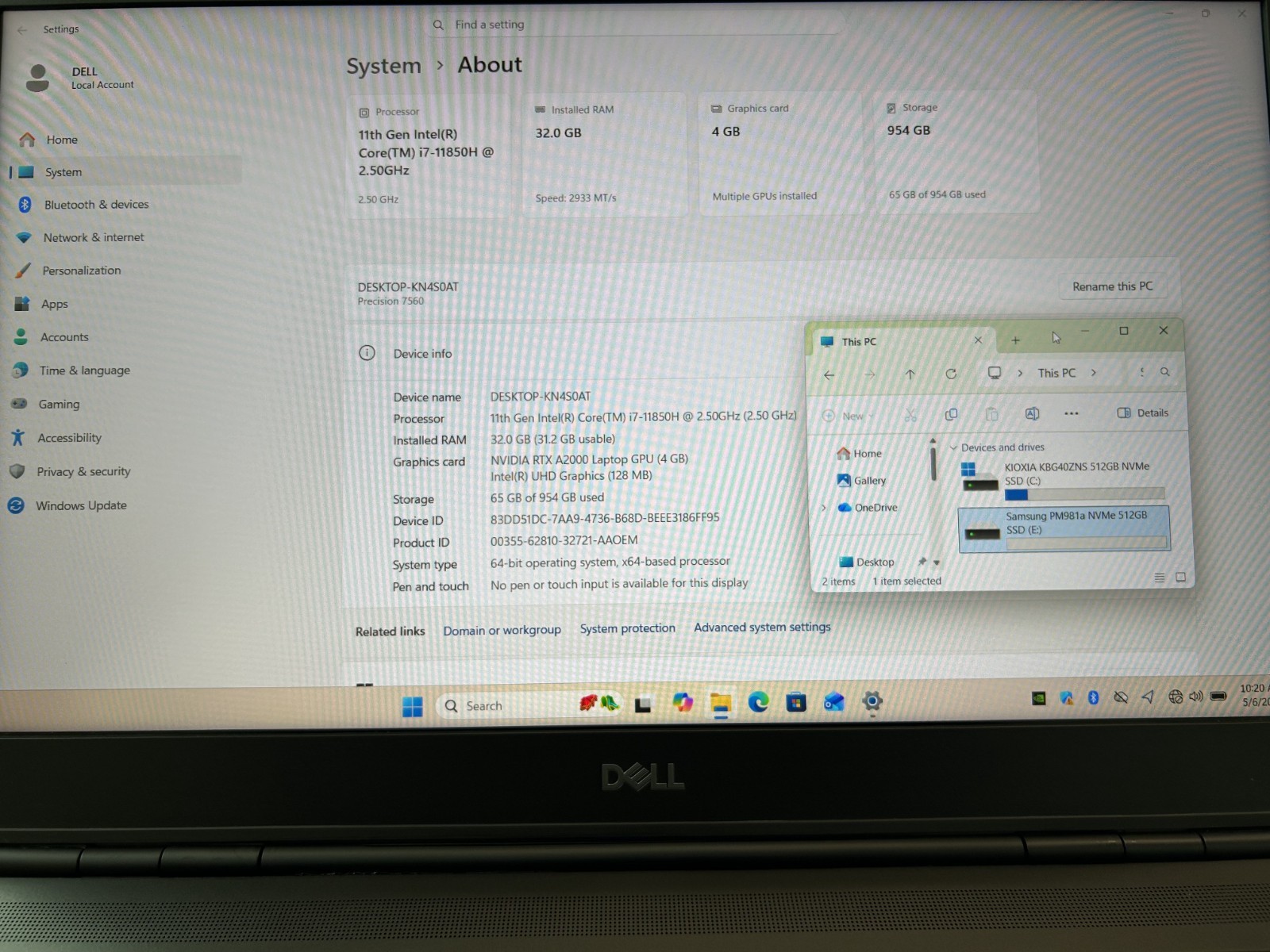 Dell Precision 7560 16″ Core i7- 11850H 32GB RAM 1TB NVMe NVIDIA RTX A2000 GPU