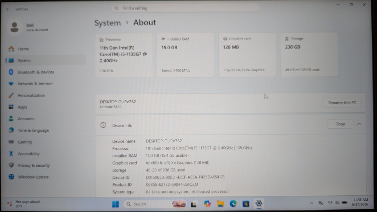 Dell Latitude 5420 Intel Core i5-1135G7 2.40GHz 16GB RAM 256GB SSD Win 11 Pro