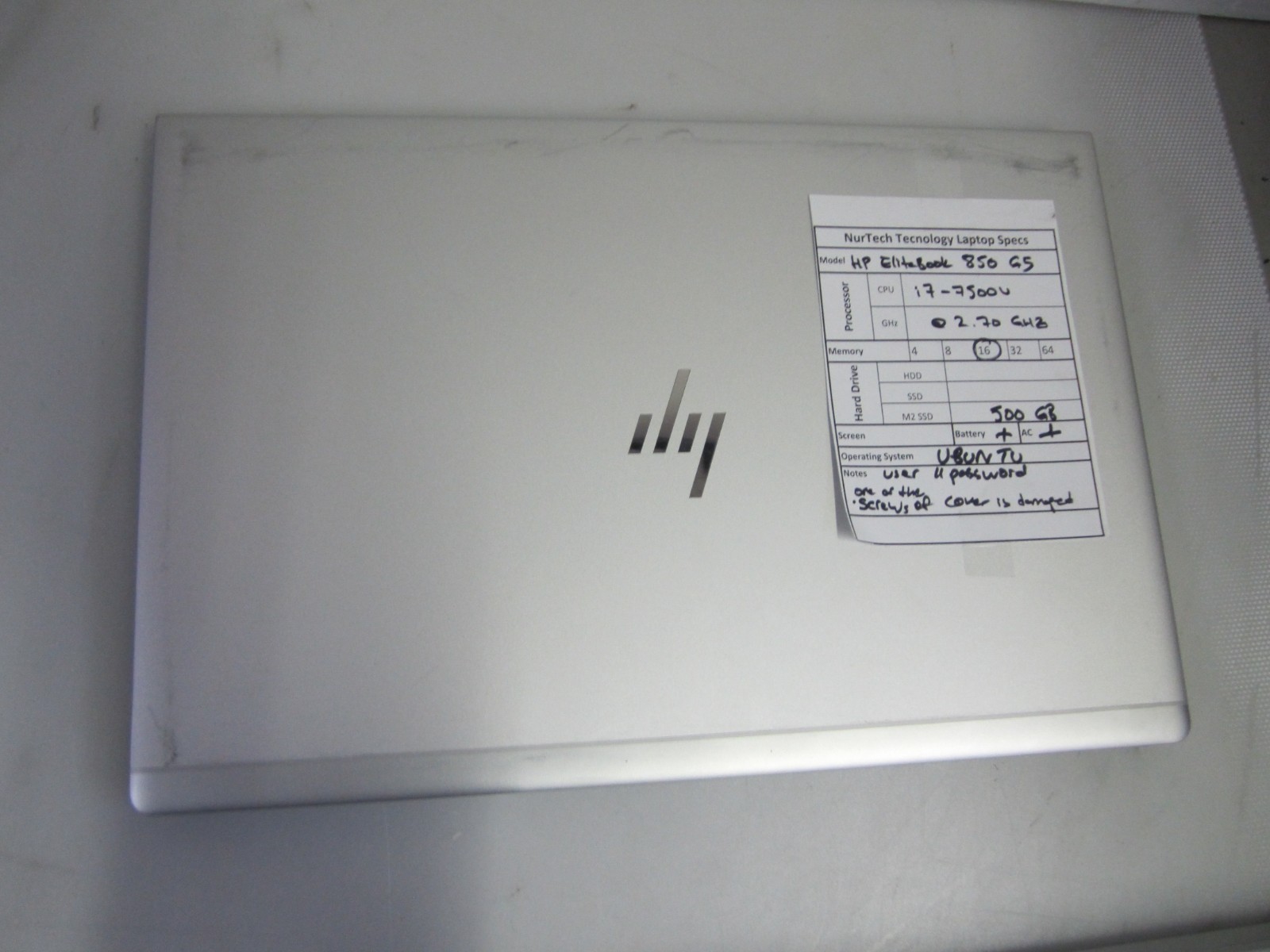 HP EliteBook 850 G5 I7-7500U 2.70GHZ 16GB 500GB M2SSD UBUNTU LAPTOP + AC READ