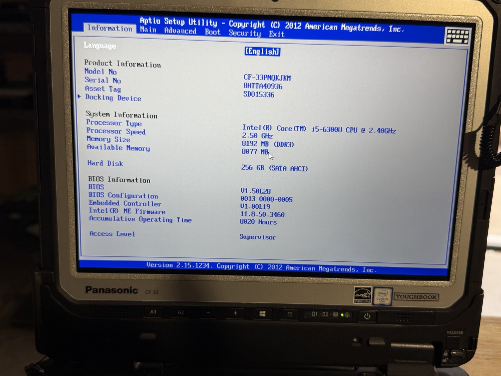 Panasonic ToughBook CF-33 i5-6300U 8GB Ram 256 SSD Win11 Pro. Touchscreen