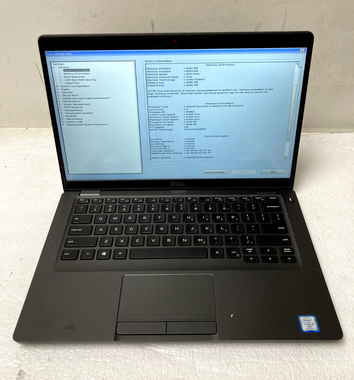 Dell Latitude 5401 14″ Intel i5-9400H @2.50GHz 8GB RAM NO SSD For Parts *READ