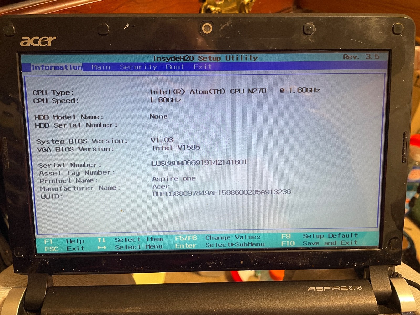 Acer Aspire One, KAV60, Intel Atom N270 1.6GHz, 1GB RAM NO HARD DRIVE